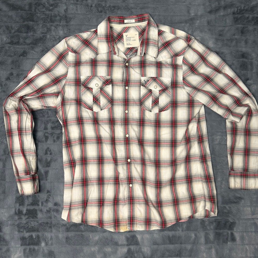 American Eagle Western Shirt Mens XL White Red Plaid Pearl Snap Vintage Fit